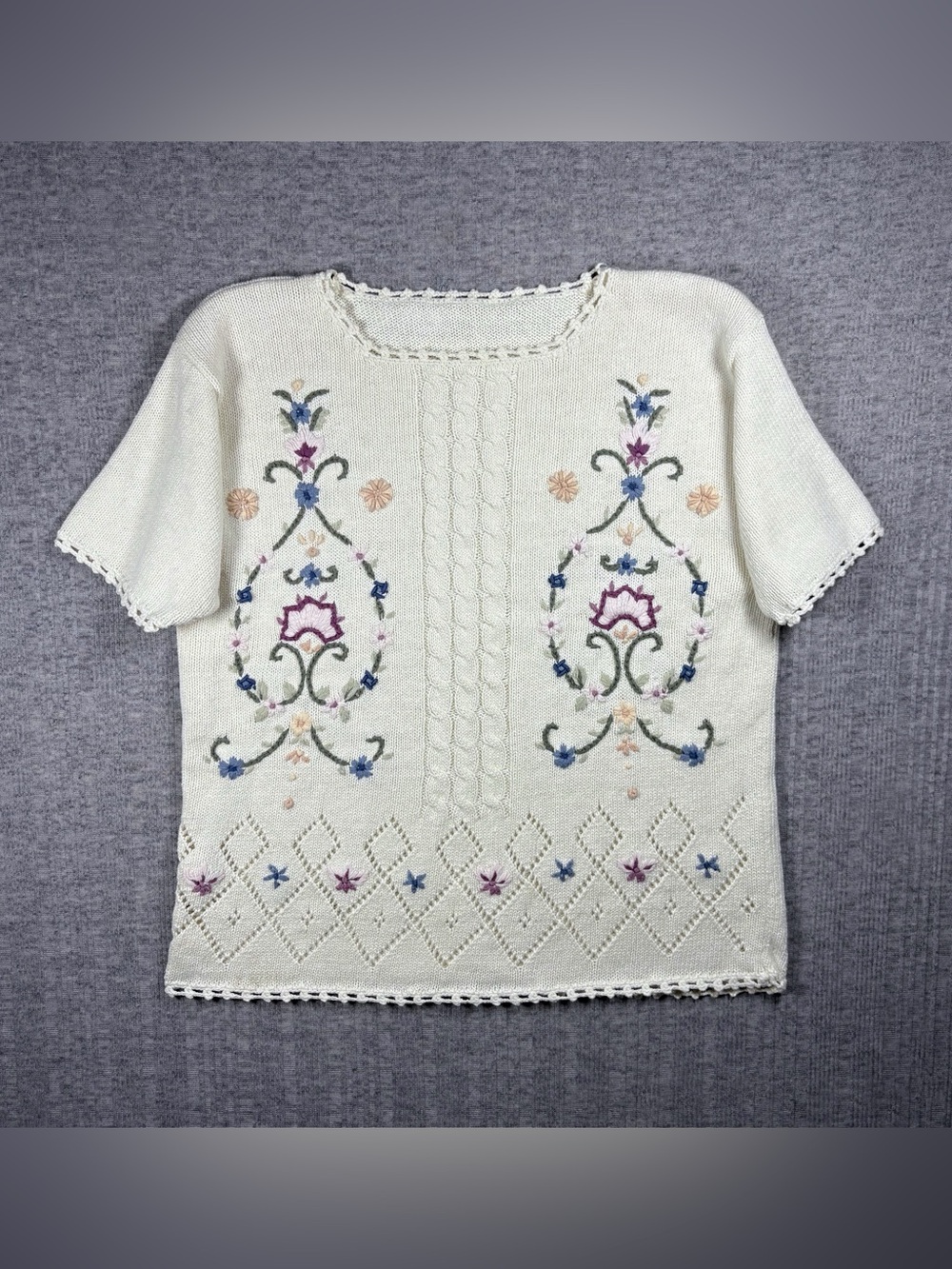 Vintage Short Sleeve Sweater Embroidered Floral Cream Cottage Coquette Women XL